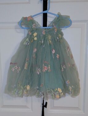Girls' Sage Green Floral Embroidered Tulle Dress -  Kids Formal
